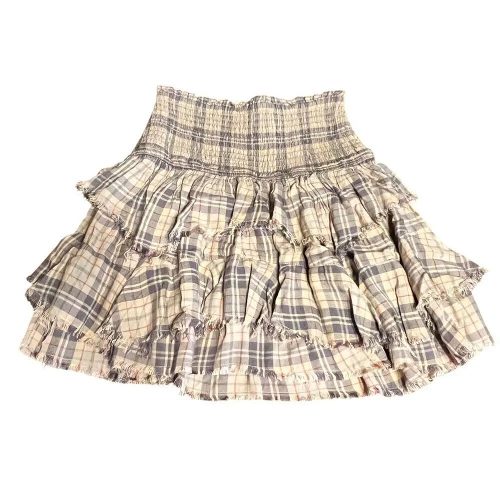 Free People XS Y2K Smocked Plaid Layered Raw Edge Mini Skirt boho Lagenlook - Picture 4 of 5